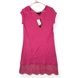 Charlie Paige Lace Hem Tunic Top Womens S/M Small Medium Solid Pink Stretch NWT